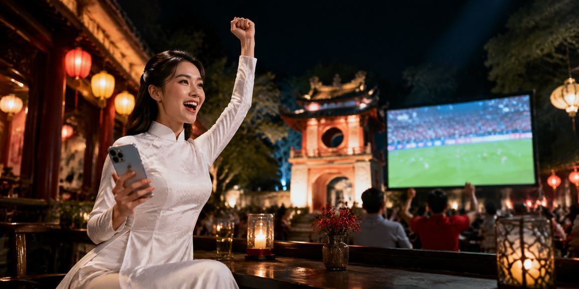 Người dùng Hà Nội trong trang phục áo dài theo dõi kèo thể thao và casino trực tuyến